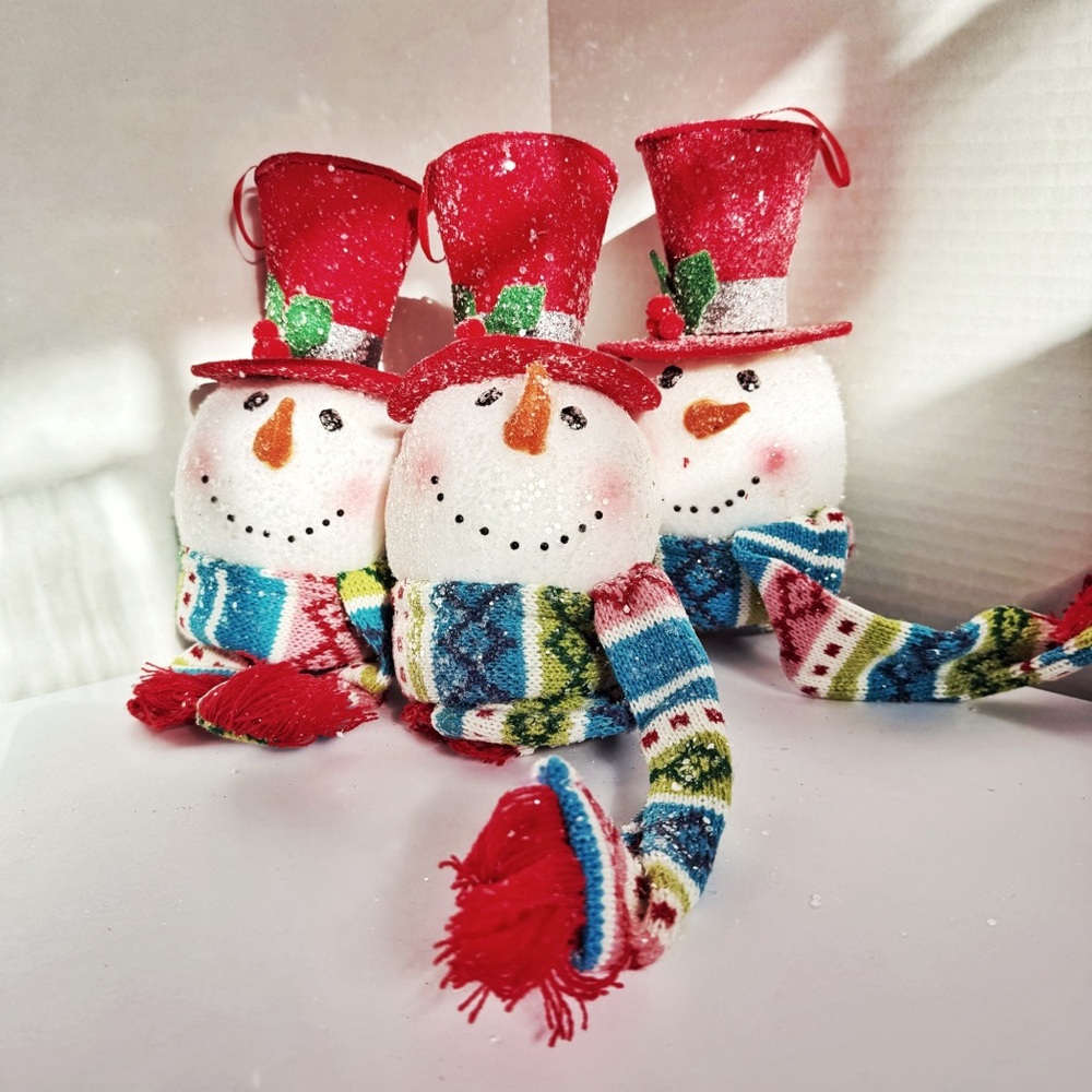 3 Festive Snowman Christmas Ornaments with Red Hats, 9 Inches and Lightweight